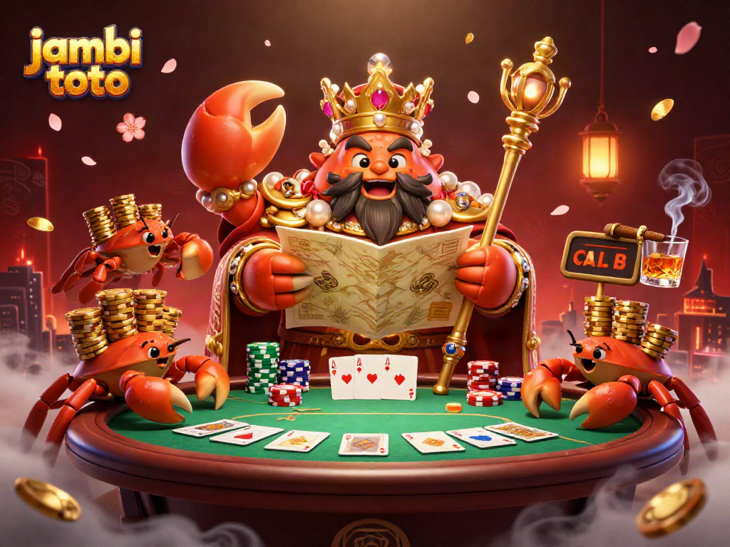 Join the thrilling jambi toto adventure with a golden crab emperor commanding a poker scene filled with riches.