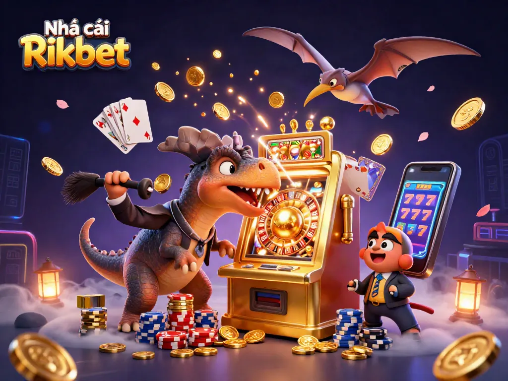 Experience excitement at Nhà cái Rikbet with cartoon dinosaurs interacting with dynamic casino elements.