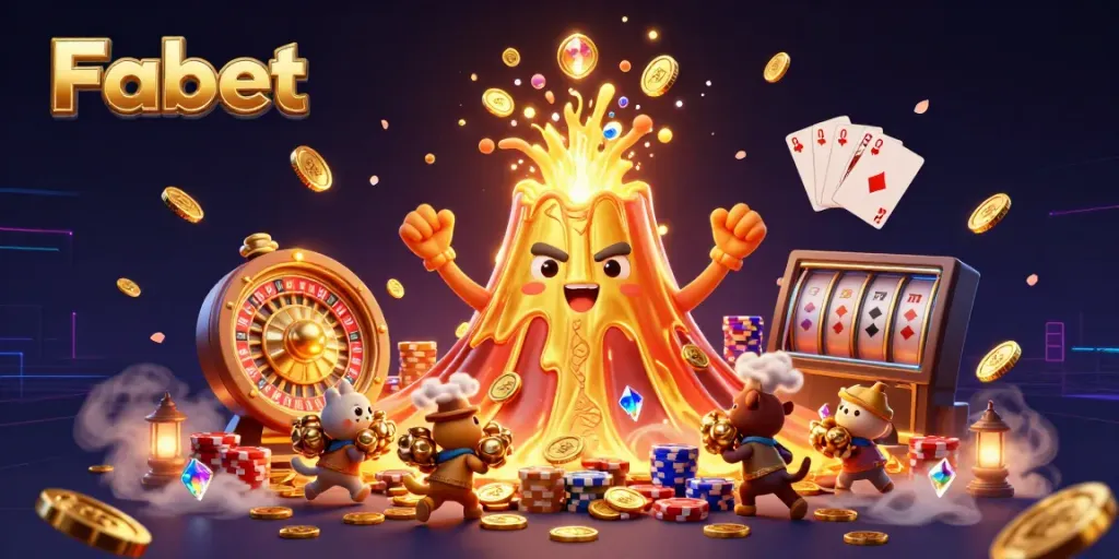 Experience thrilling casino excitement with Fabet's golden volcano treasure eruption and vibrant gaming elements.