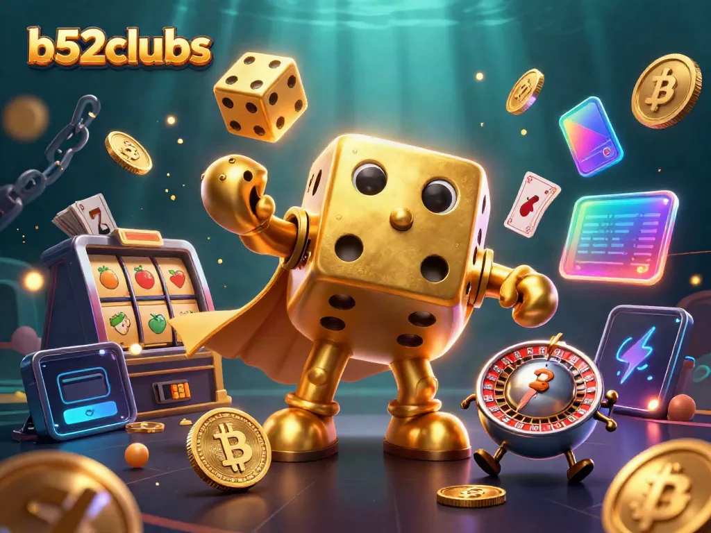 Experience the thrilling world of b52clubs with a 3D illustrated scene of a golden dice golem surrounded by vibrant gaming elements.