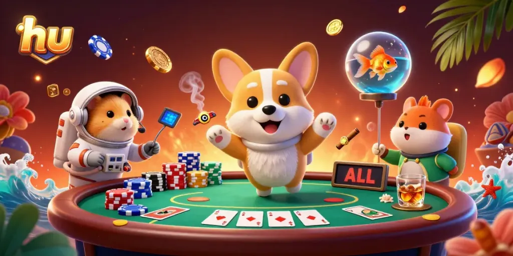 Experience thrilling gameplay at hu's space station casino, featuring floating poker elements and cartoon characters.
