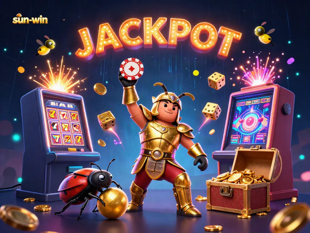 Experience the thrilling jackpot with sun-win; vibrant 3D illustration of beetle champions in a casino.
