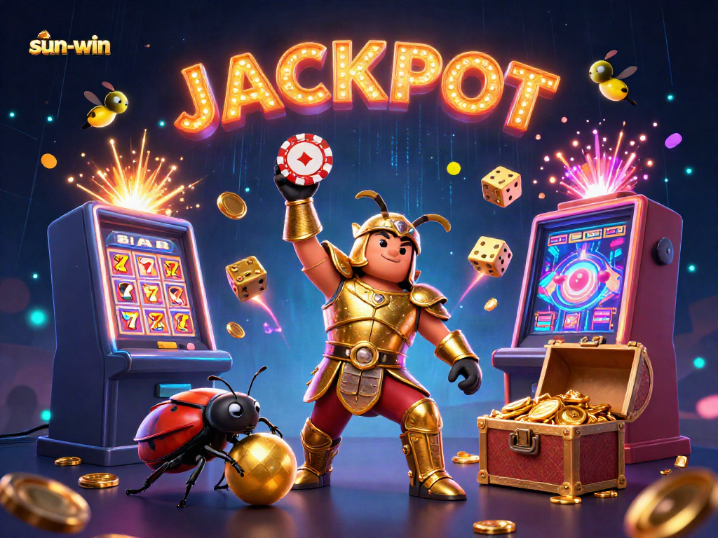 Experience the thrilling jackpot with sun-win; vibrant 3D illustration of beetle champions in a casino.