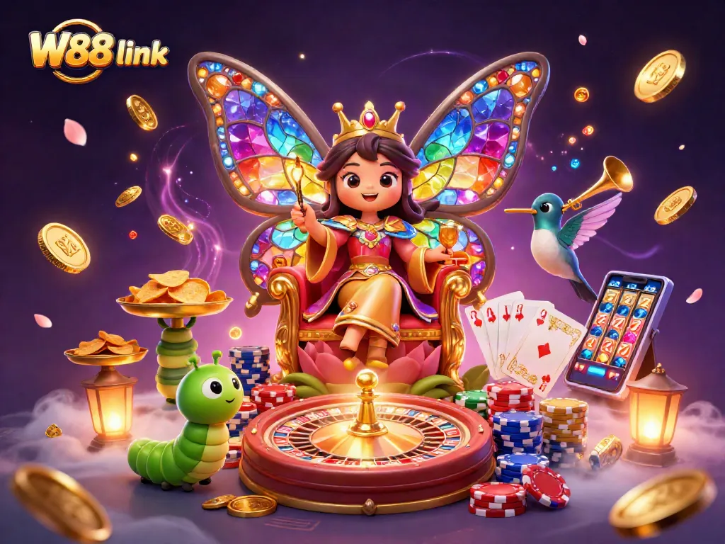 Win big with the W88 link embedded in vibrant casino-themed 3D illustration with playful characters.