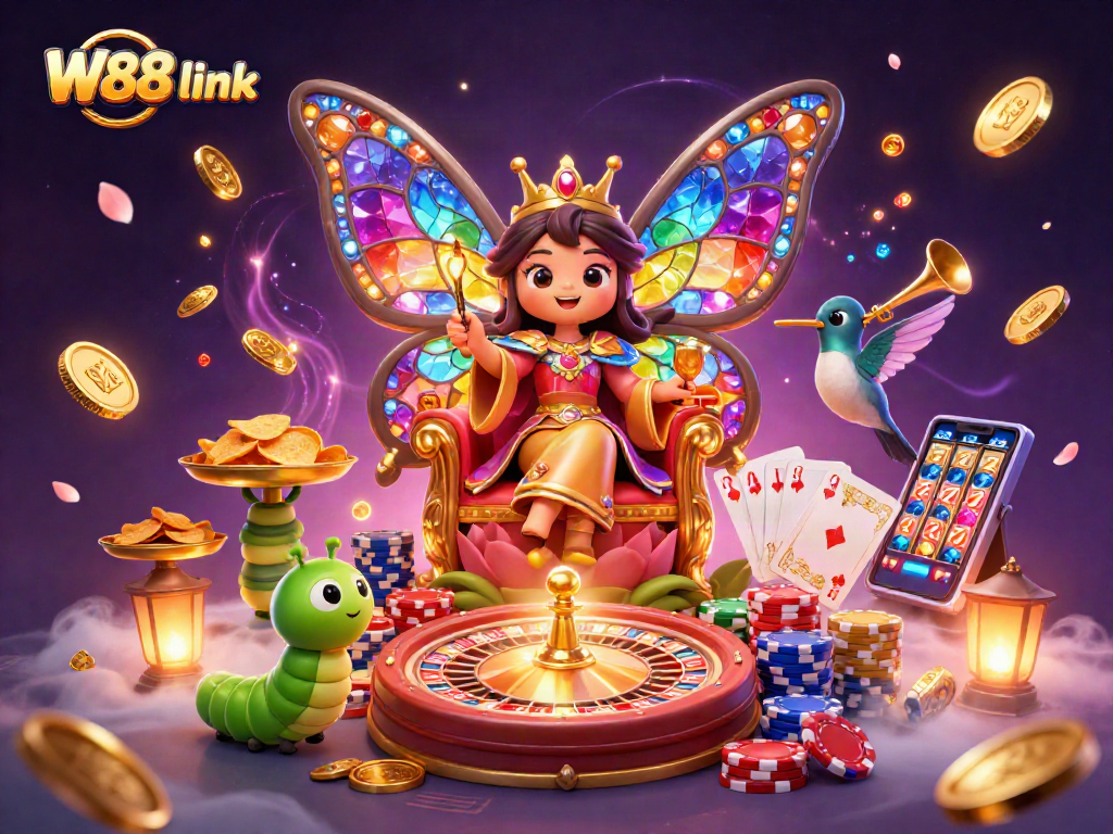 Win big with the W88 link embedded in vibrant casino-themed 3D illustration with playful characters.