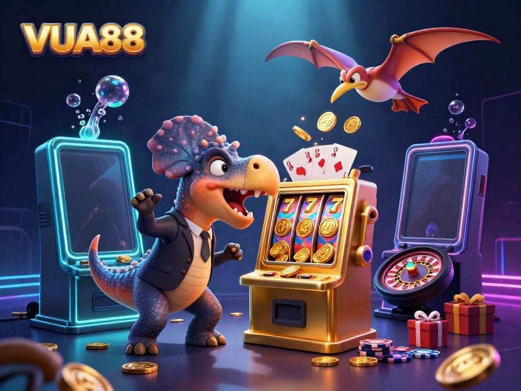 VUA88 pachycephalosaurus activates a slot machine jackpot while an ankylosaur and pteranodon catch coins.