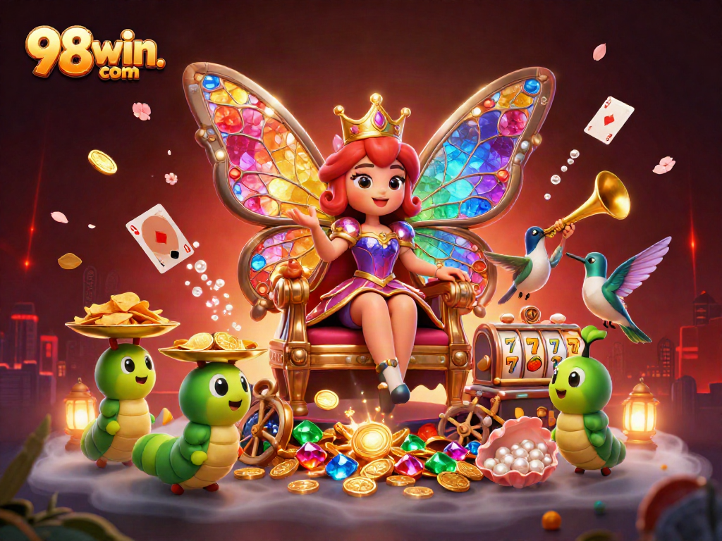 Engage with vibrant casino action at 98win. com featuring a butterfly theme and gaming elements.