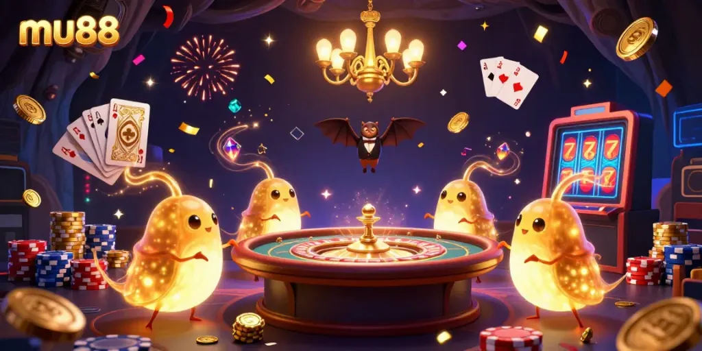 Experience the excitement at MU88, a lively casino scene animated by glowworms and bat dealers illuminating golden treasures.