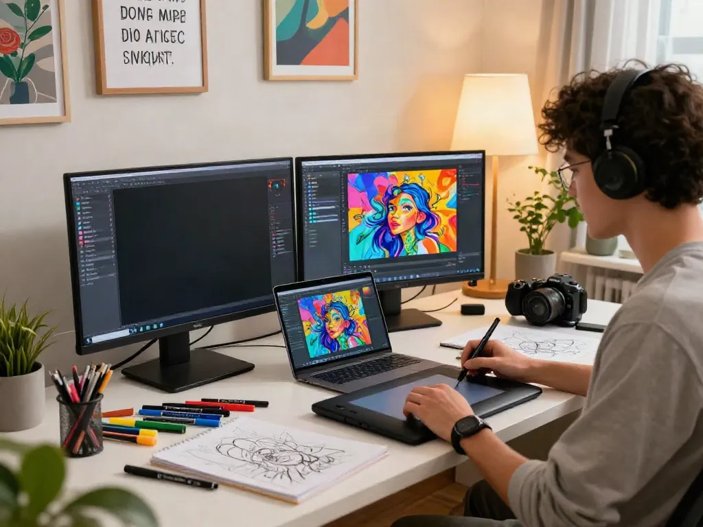 Creative workspace showcasing vibrant AI NSFW art generation with digital tools and artistic elements.