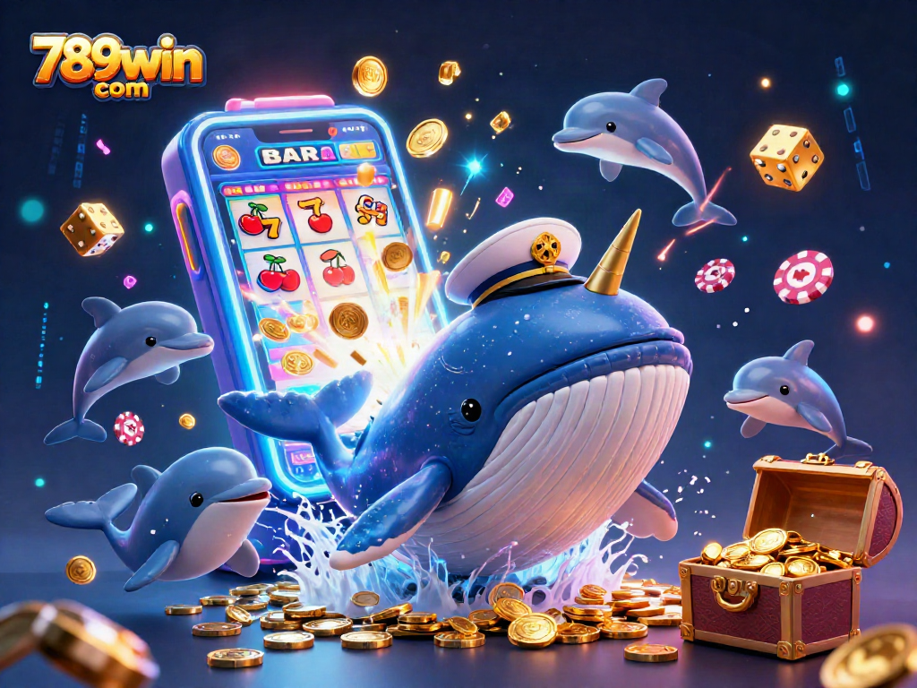Engage with 789win com's vibrant illustration featuring a whale and narwhal in a jackpot-filled casino.