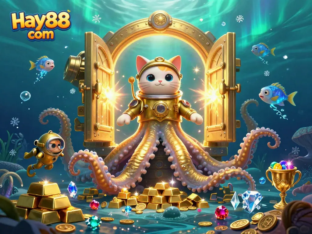 Immerse in fun at hay88 com featuring a kraken, diving cat, and treasure-filled sea.