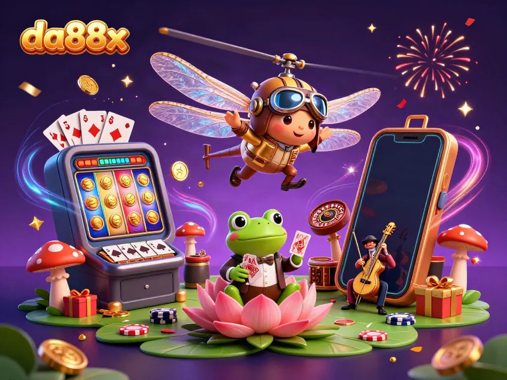 Engage in thrilling gameplay at da88x with vibrant casino scene featuring a dragonfly pilot and frog croupier.