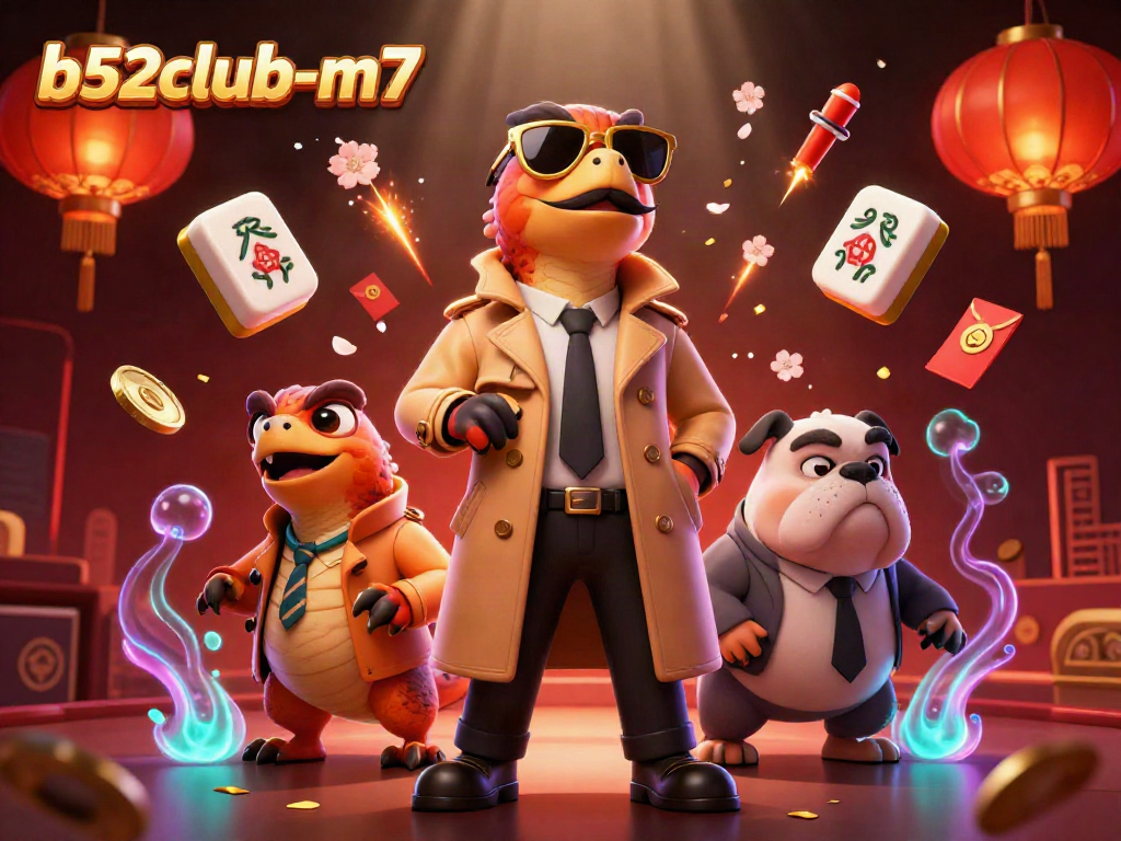 Experience b52club-m7 with cartoon raptors and a bulldog bouncer at a vibrant casino.
