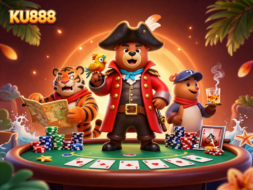 Experience the thrill of KU888 casino action with vibrant characters and poker elements.