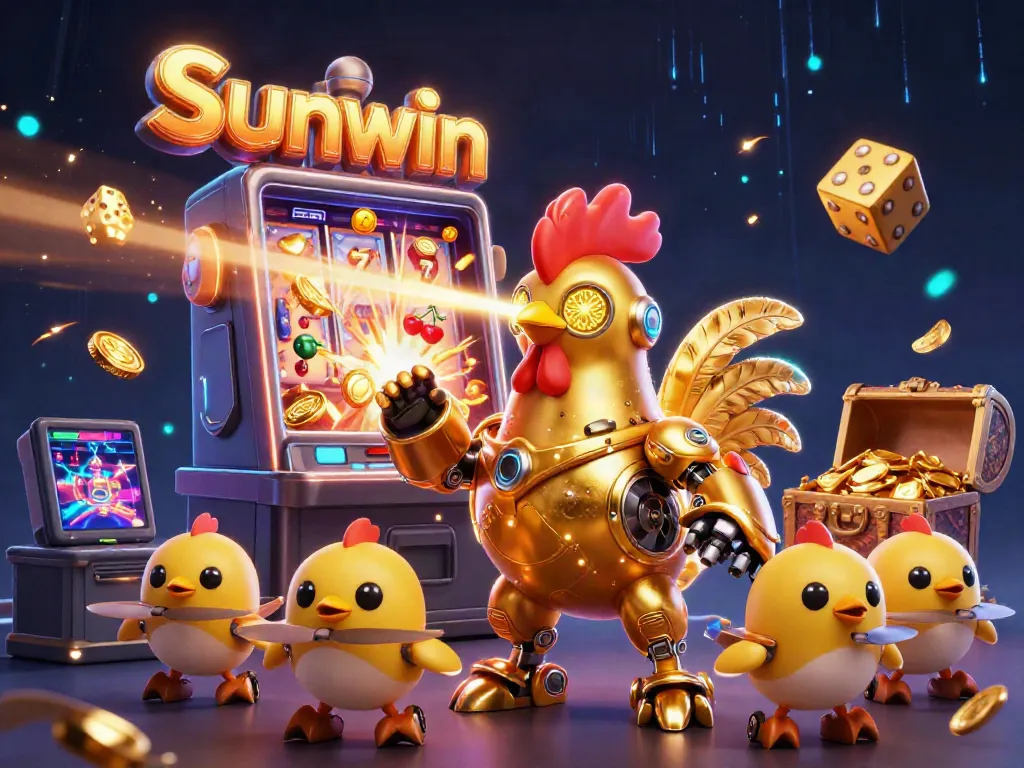 Experience excitement at Sunwin as a golden rooster robot engages in a thrilling jackpot scene with vibrant game elements.