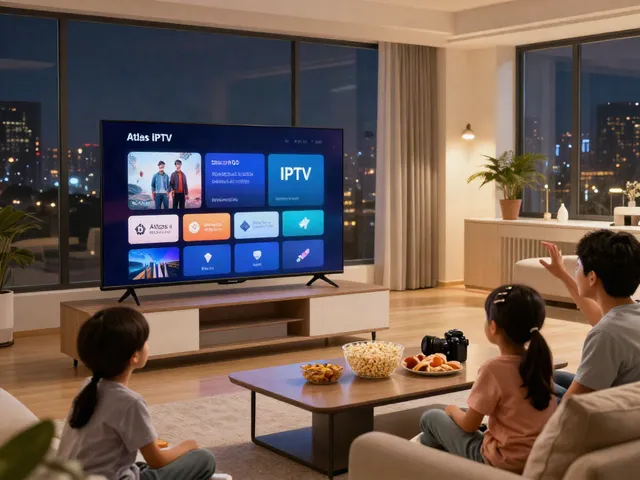 Une famille profitant de l'application Atlas Pro IPTV pour une soirée cinéma à la maison.