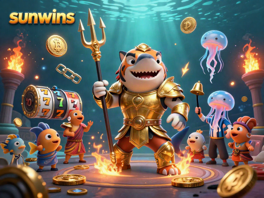 Experience grand gaming adventures at sunwins featuring a fierce shark gladiator in a dynamic underwater casino scene.
