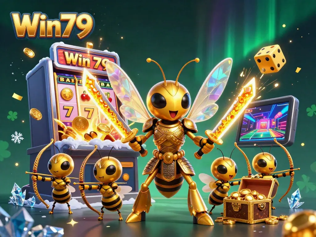Win79 showcases a dynamic scene with a golden hornet and bee archers amid casino elements.