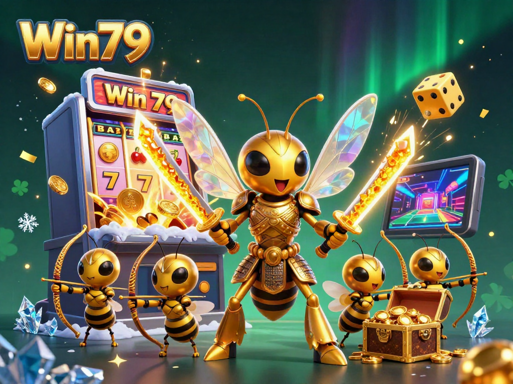 Win79 showcases a dynamic scene with a golden hornet and bee archers amid casino elements.
