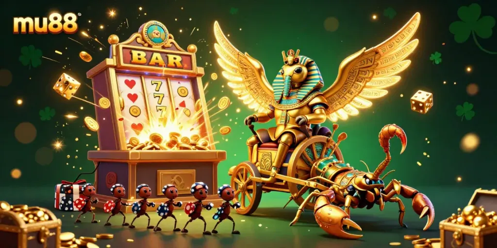 Experience excitement at mu88 with a vibrant 3D casino scene featuring a golden scarab beetle and dynamic game elements.