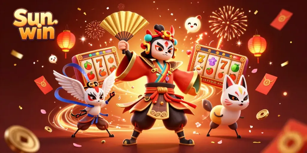 Experience the excitement of Sun win with a vibrant 3D illustration showcasing slot reels and mystical characters.