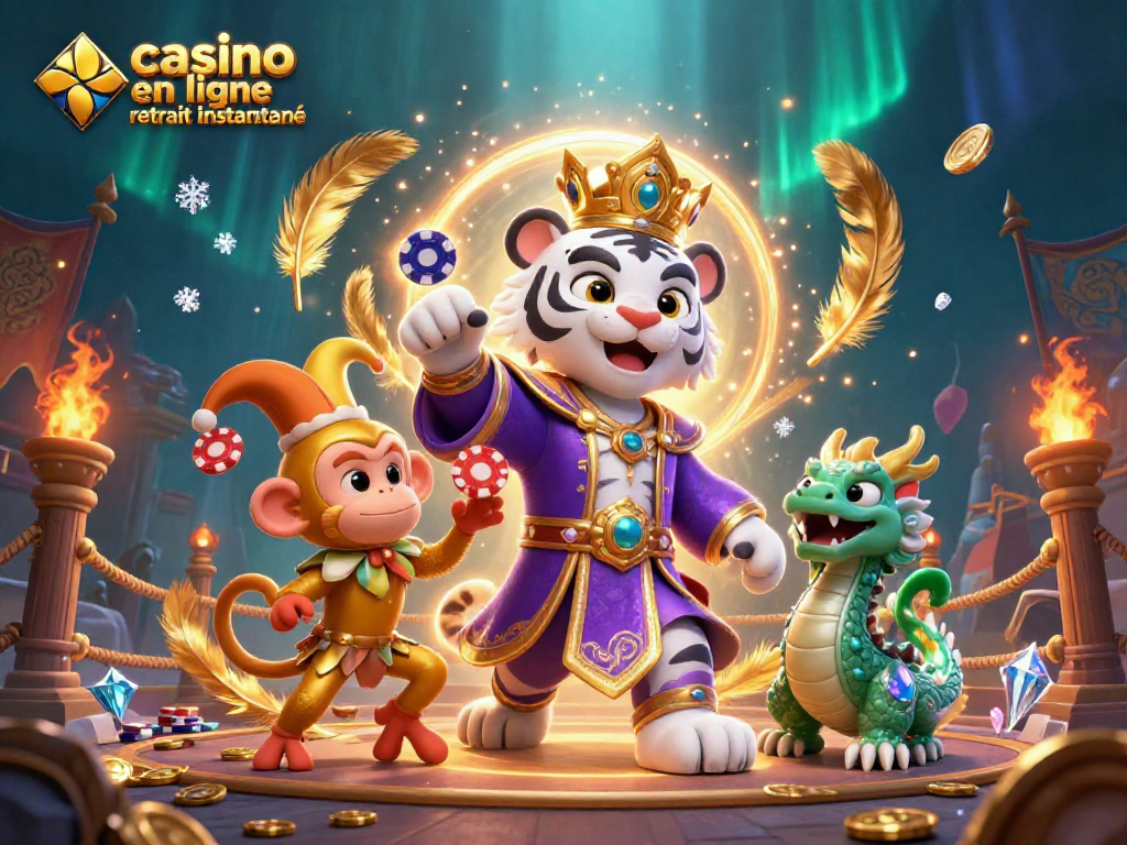 Plateforme de jeu dynamique avec le casino en ligne retrait instantané, mettant en vedette un tigre élégant et un singe jongleur de jetons.