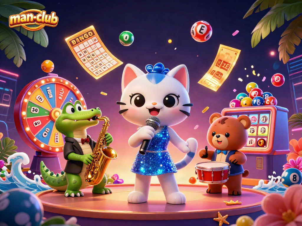Celebrate wins at man-club with dynamic lottery elements and engaging characters in a vibrant casino scene.