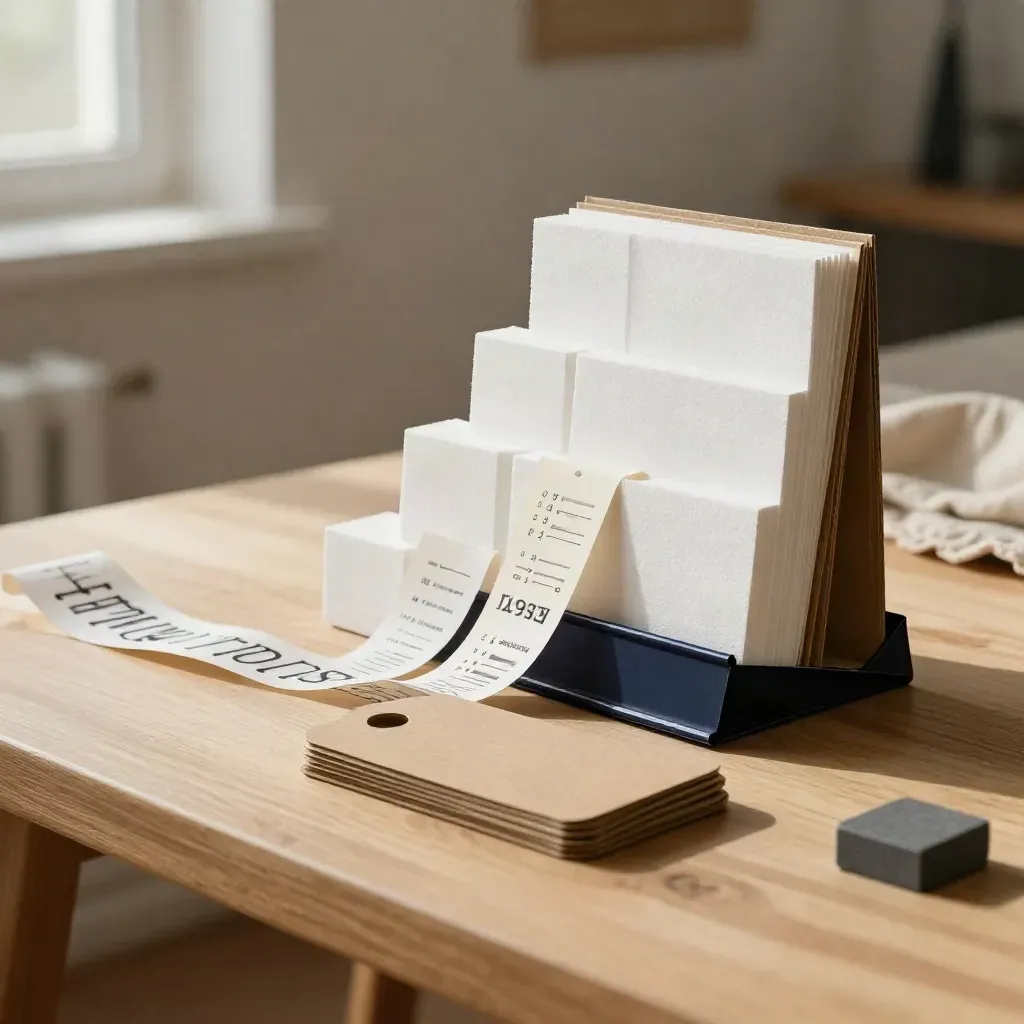 Maquette de bases HTML/CSS en carton, mousse blanche et ruban typographique sur table en bois.