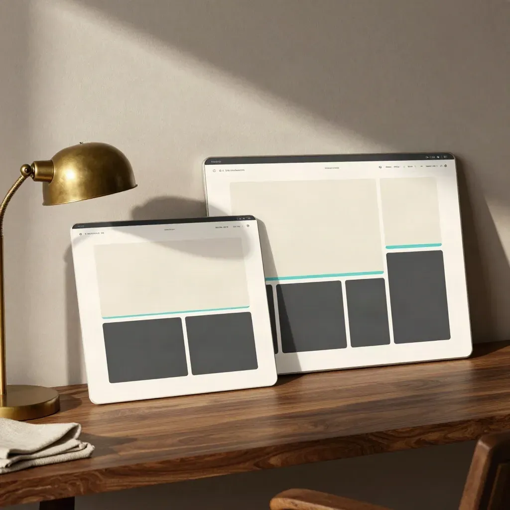 Trois maquettes responsives de formats différents dans un coin chaleureux baigné de lumière.