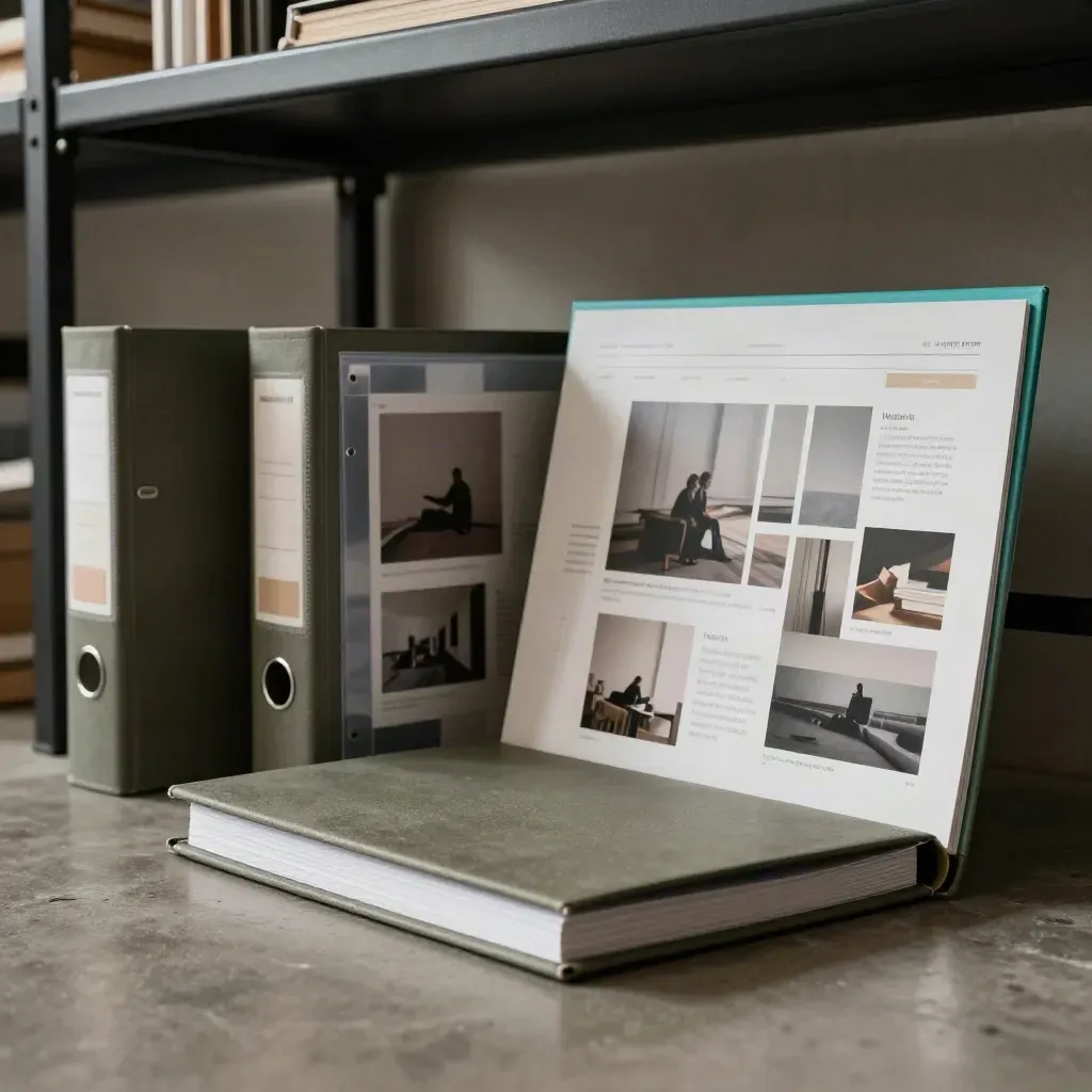 Trois classeurs de portfolio, des pochettes de tirages et une maquette web dans un atelier sombre.