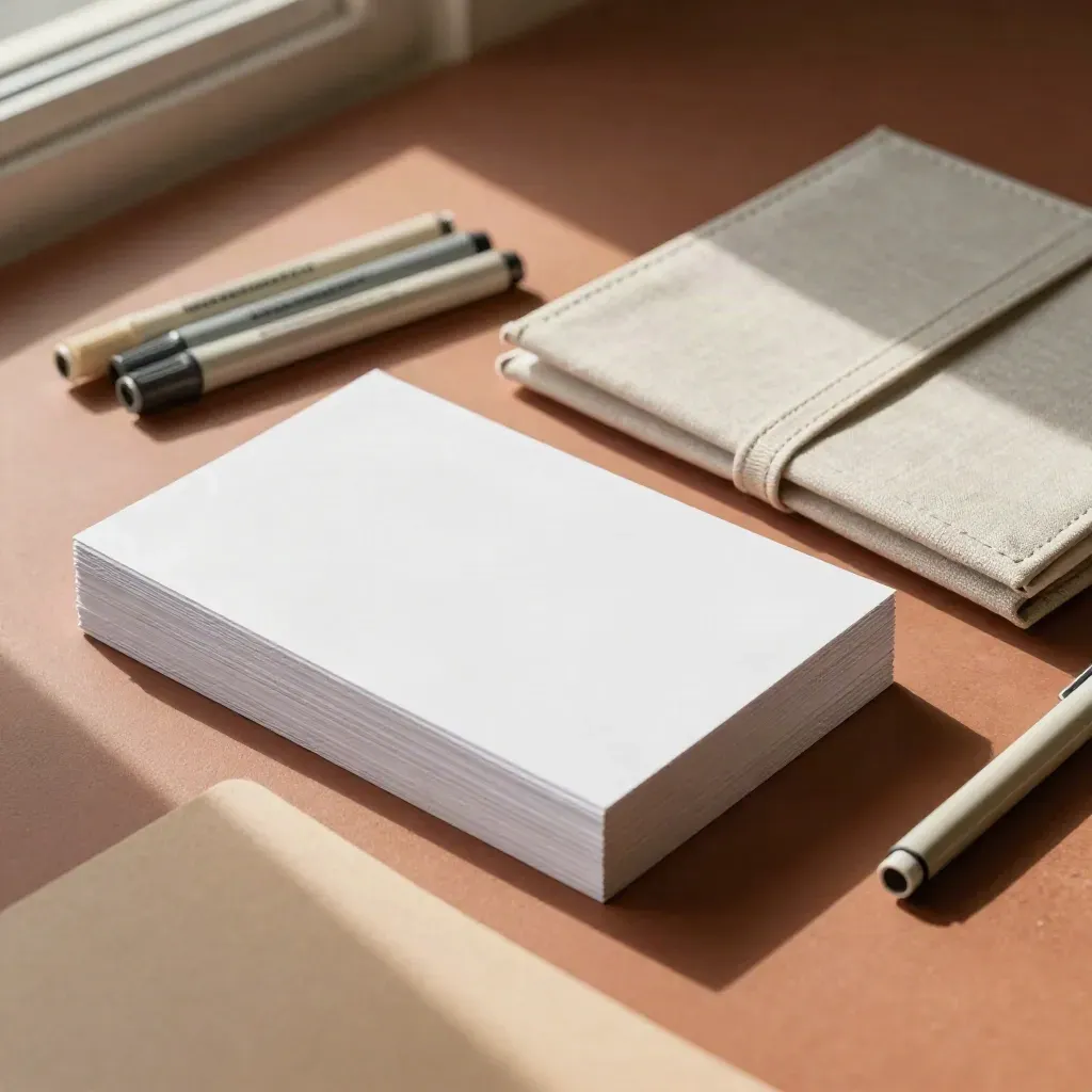 Cartes d’exercice, dossier fermé et repères colorés sur fond terracotta.