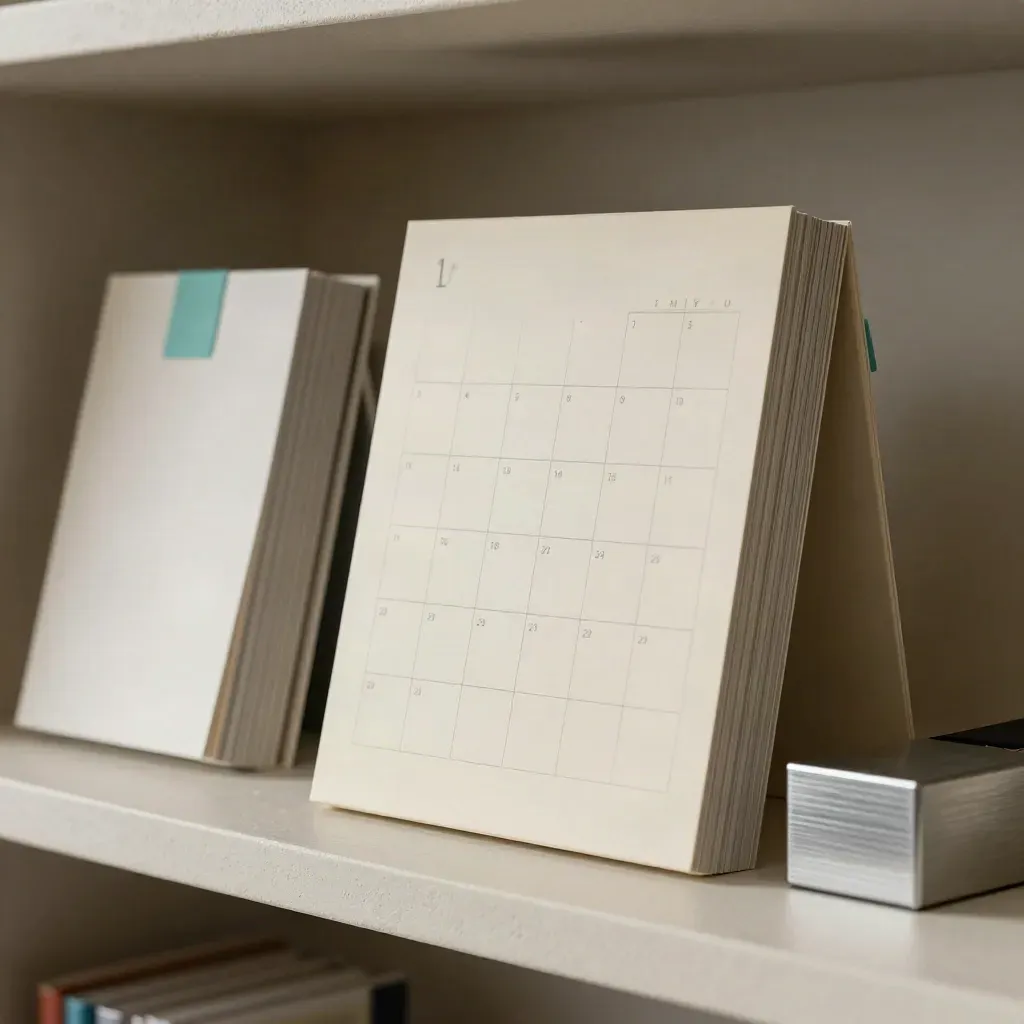 Cartes de modules, calendrier muet et boîte à onglets sur une étagère claire.