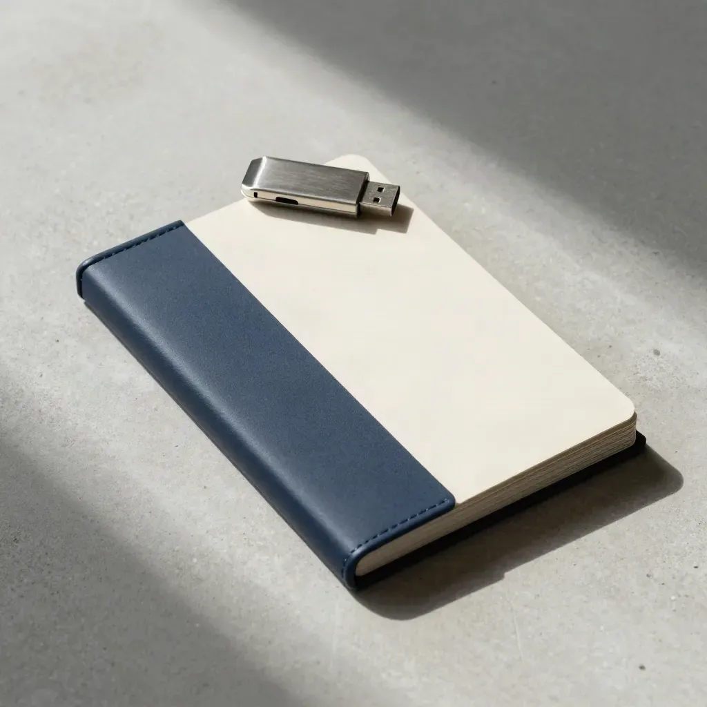 Vue zénithale d’un dossier fermé, d’une clé USB et de cartes de synthèse sur béton clair.