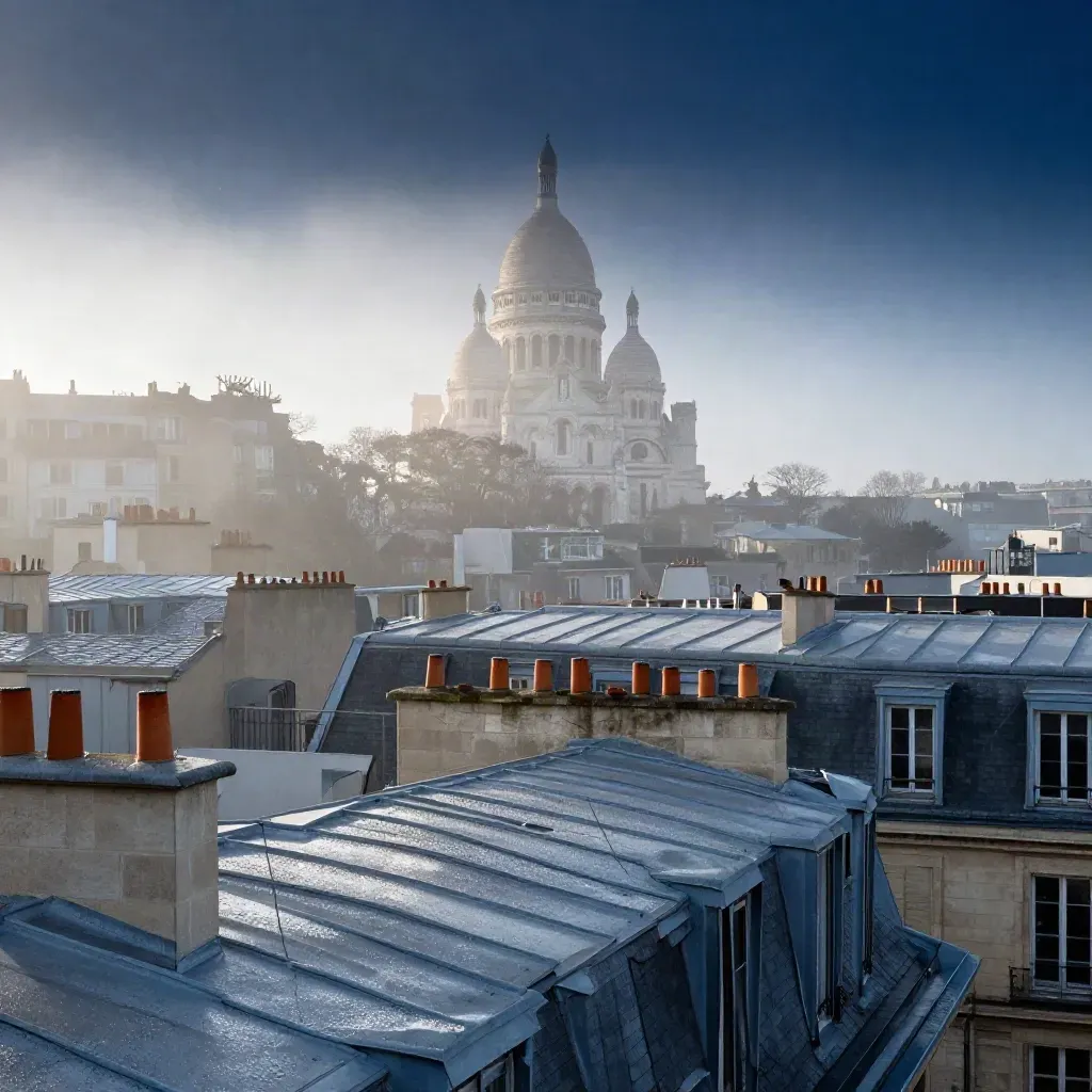 Vue haute de Paris avec toits de zinc, brume et Sacré-Cœur au matin.