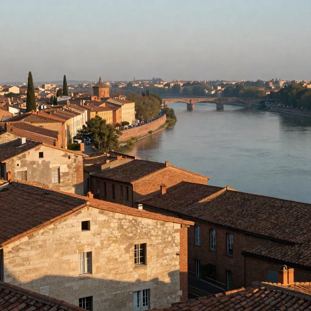 Vue dorée de Toulouse au-dessus de la Garonne, toits de brique rose et grand espace calme.