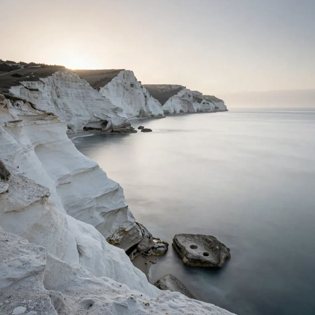 Falaises calcaires de Méditerranée à l’aube, mer calme et brume douce