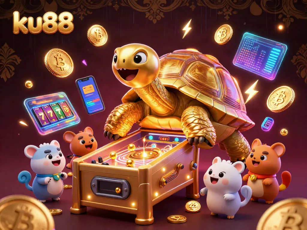 ku88 players enjoying a vibrant casino experience with a colossal golden tortoise and crypto elements