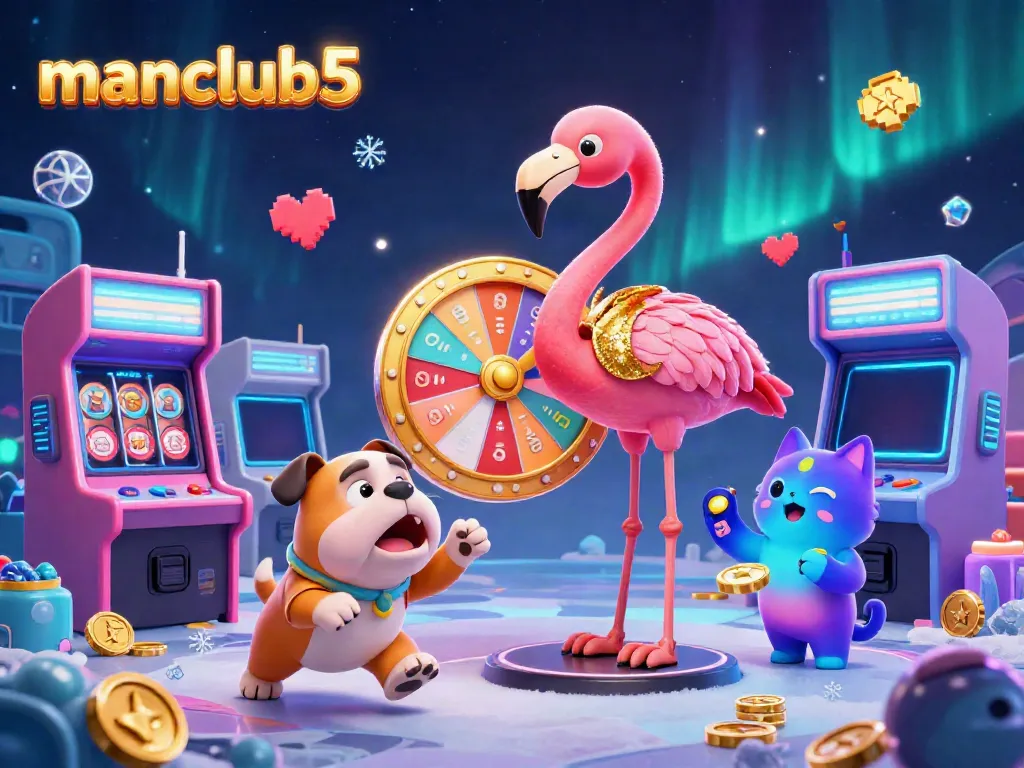 Spin the giant prize wheel with manclub5 in a vibrant 3D casino scene featuring cartoon characters and game elements.