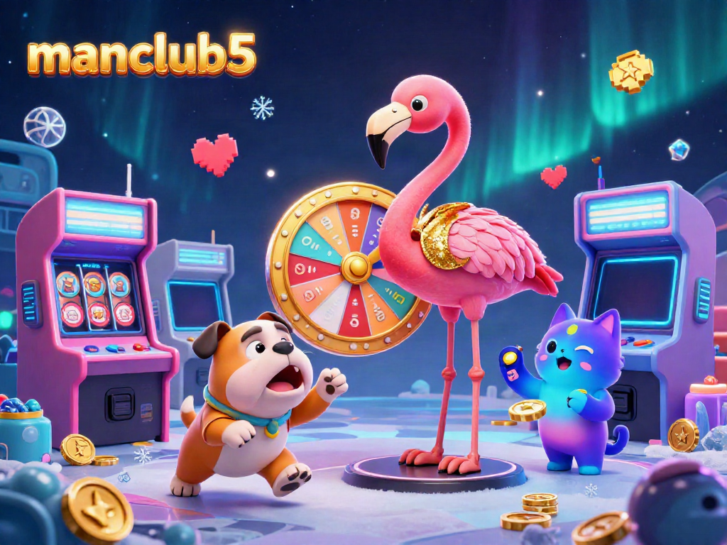 Spin the giant prize wheel with manclub5 in a vibrant 3D casino scene featuring cartoon characters and game elements.