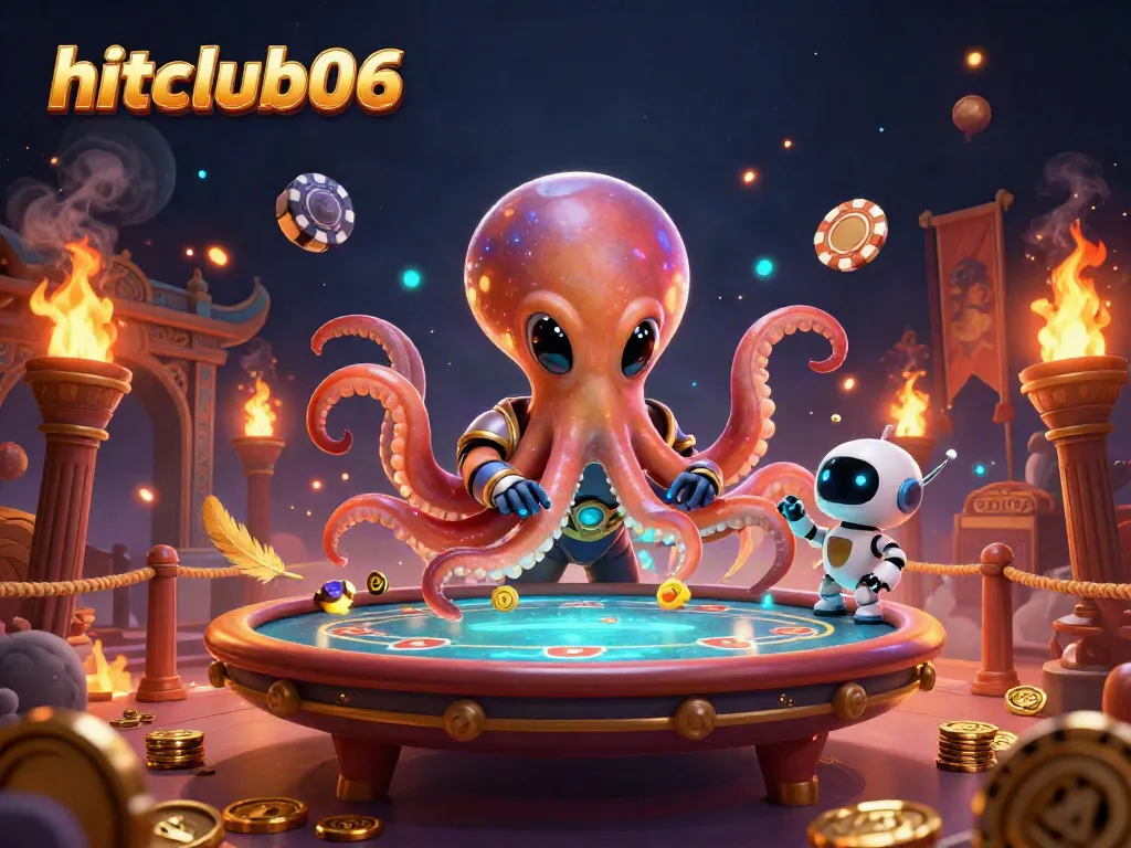 Hitclub06 showcases a vibrant scene with an alien octopus at a holographic poker table, surrounded by dynamic casino elements.