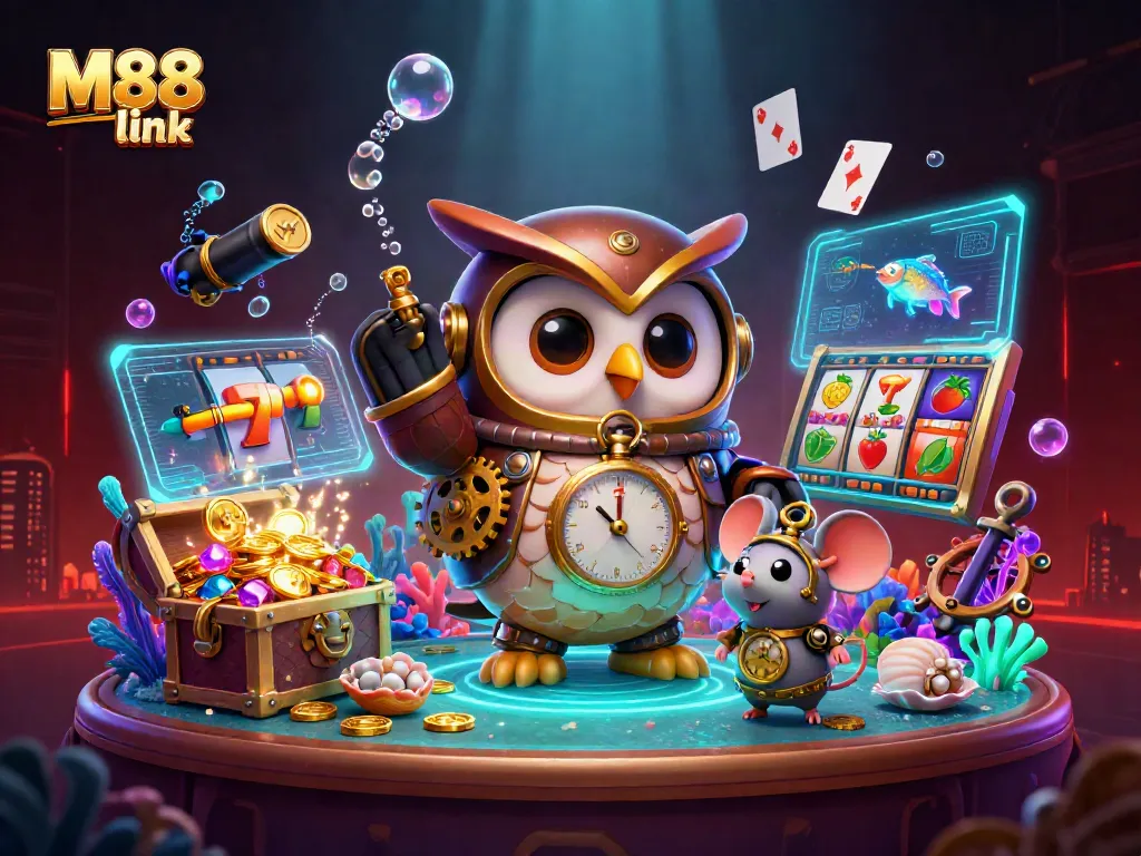 Win with M88 link: Captivating steampunk casino illustration featuring an owl in gear and a clockwork mouse.