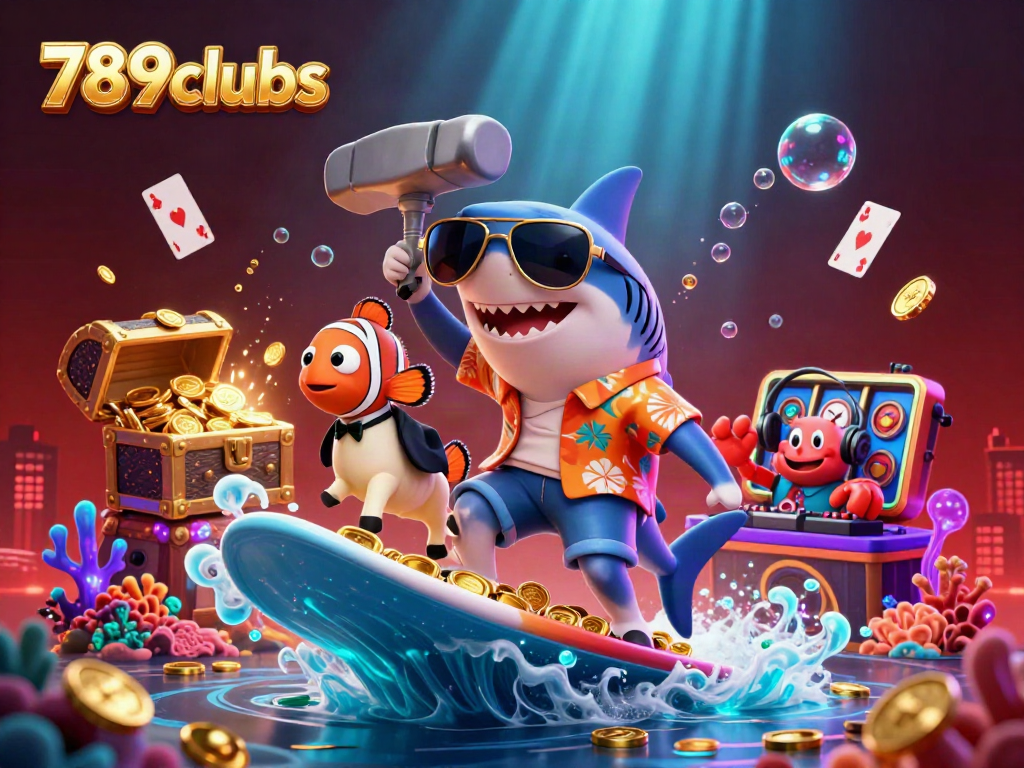 Experience thrilling action with 789clubs as a shark surfs on gold coins amidst vibrant underwater treasures.