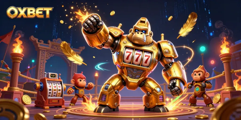Engage in exciting gameplay at OXBET with dynamic casino-themed illustration featuring a golden gorilla mech.