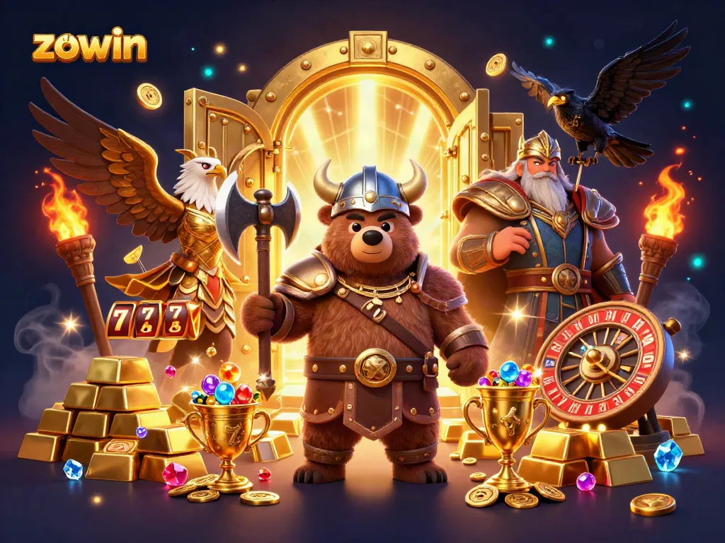 Engage with ZOWIN as the Viking bear and Valkyrie eagle reveal treasure and gaming excitement.