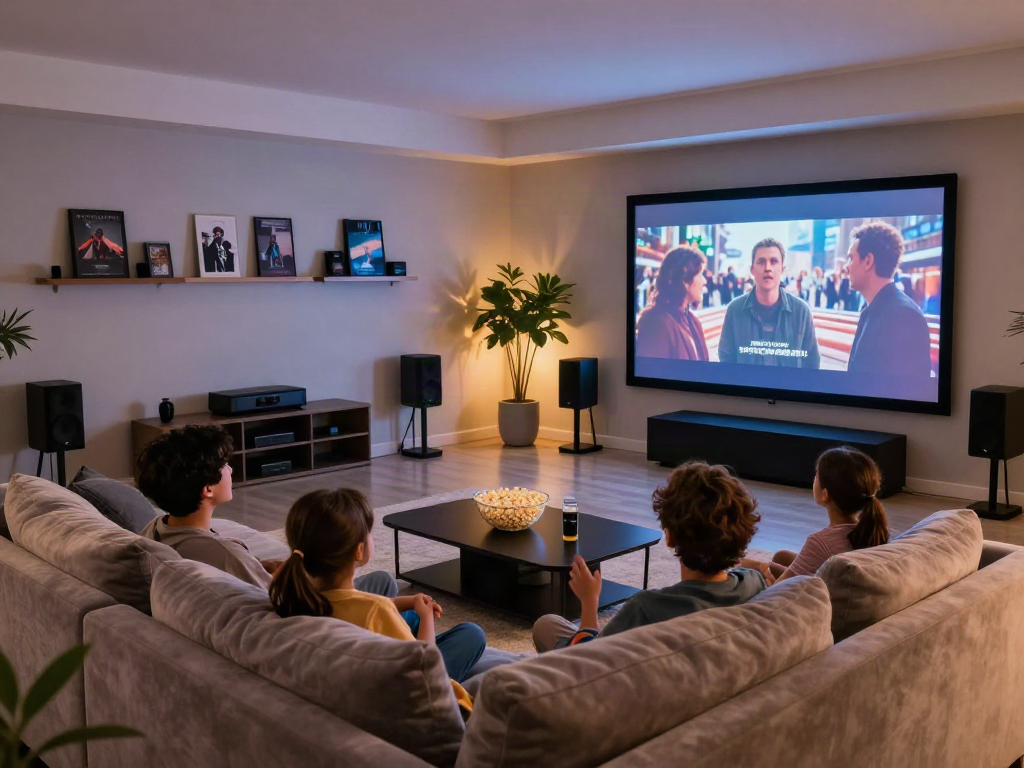 Famille profitant d'un film sur un Atlas pro ontv dans un salon moderne.