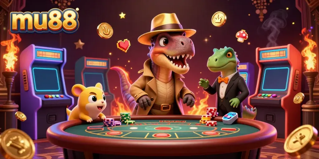 Experience the thrill of mu88 with a dynamic blackjack scene featuring cartoon dinosaurs.