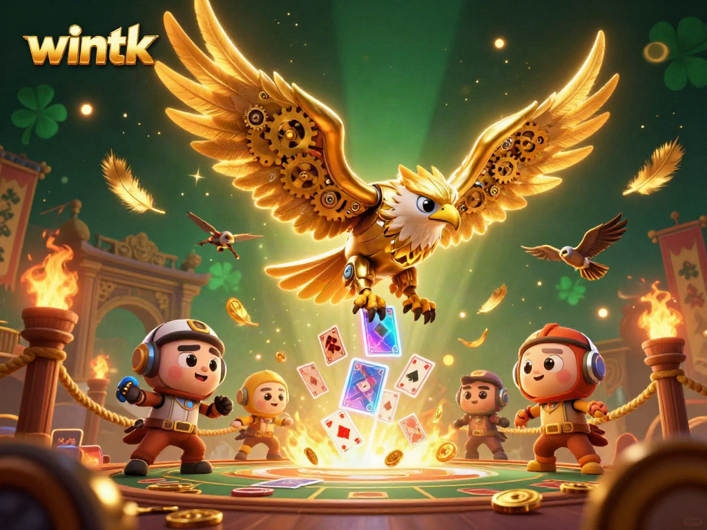 Wintk's golden eagle character dives through holographic cards in a vibrant casino scene.
