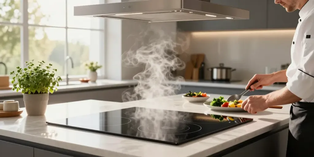 Plaque induction avec hotte intégrée en action dans une cuisine moderne avec des ingrédients frais.