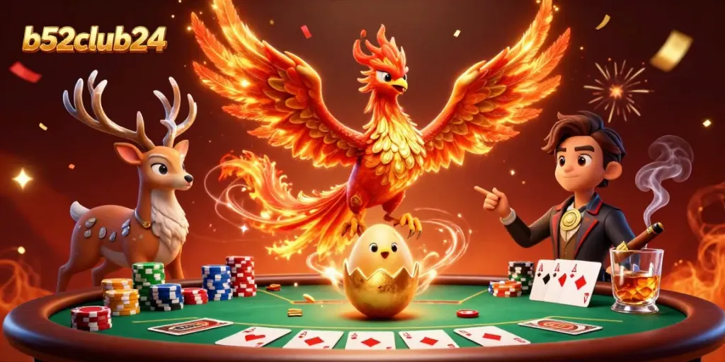 Experience thrilling wins at b52club24 with vibrant casino scenes featuring phoenix and poker elements.