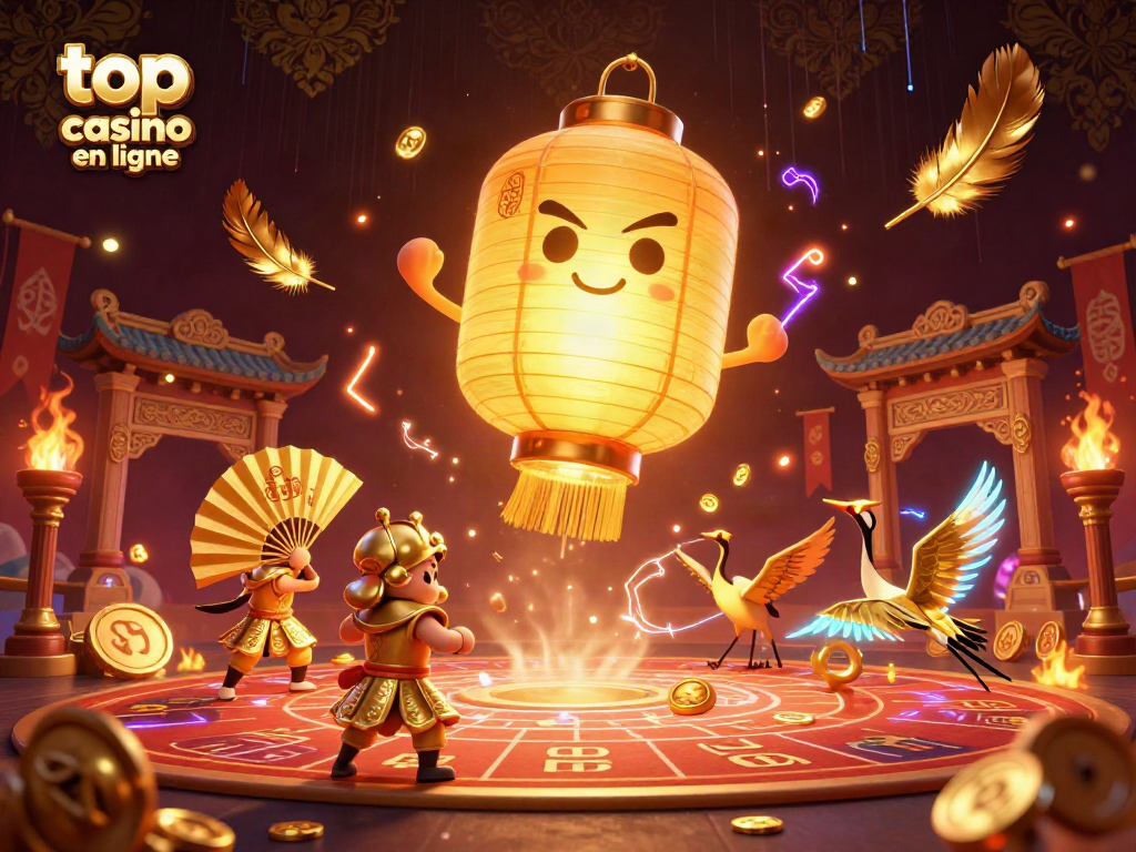 Les lumières du meilleur casino en ligne illuminent un esprit en lanterne dorée flottant au-dessus d'un casino rempli de symboles chanceux.